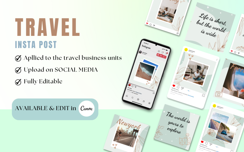 Travel Instagram Puzzle Feed Canva Template - 18 Instagram Posts Social Media