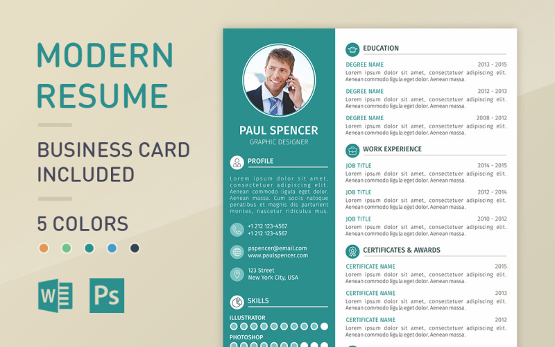 Trendy Resume - CV Resume with Cover Letter, Portfolio and Business Card Resume Template