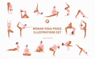 Pinky Brown Woman Yoga Poses Illustration Set
