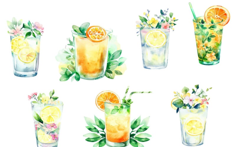 Watercolor Lemon and Green Leaf Elements Clipart Illustration