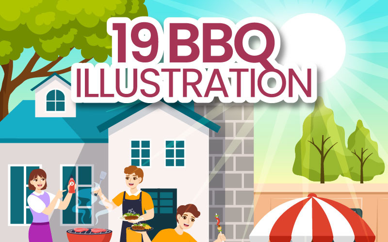 19 Barbecue and Grill Set Vector Illustration