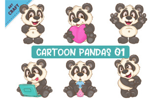 Set of Cartoon Pandas 01. Clipart.