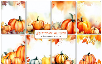 Watercolor autumn fall leaf and pumpkin background