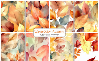 Watercolor autumn leaves background with colorful autumn flower leaf branch