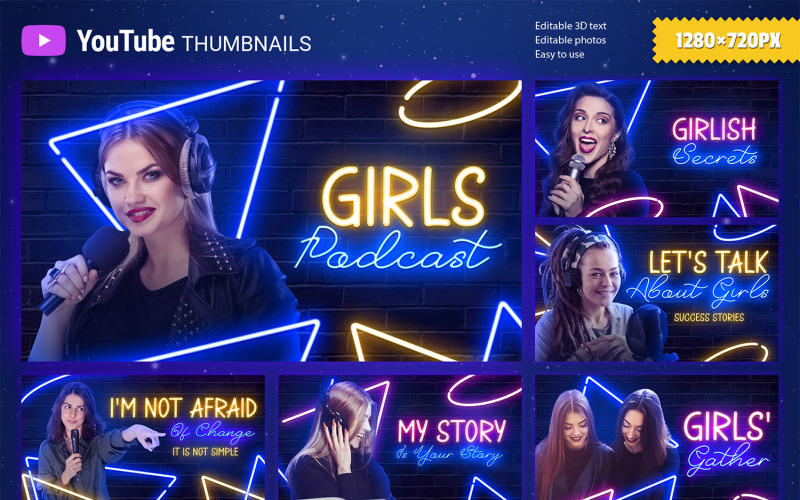 Neon YouTube Thumbnails for Girls Podcast Social Media