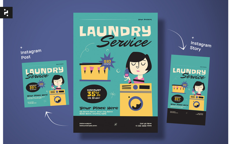 Laundry Service Flyer Mid Century Style Corporate Identity