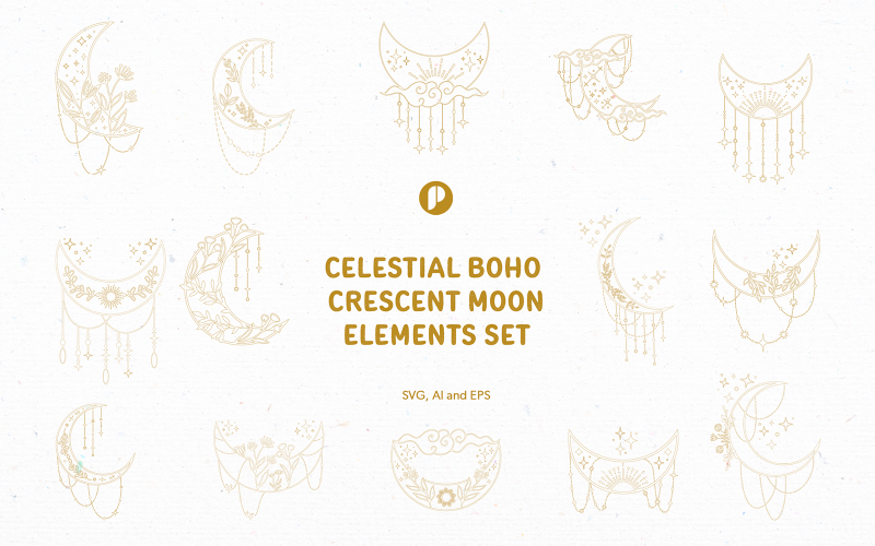 Aesthetic Celestial Boho Crescent Moon Element Set Illustration