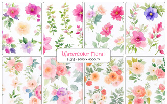 Watercolor botanical floral and leaves frame design, pink flower branch background