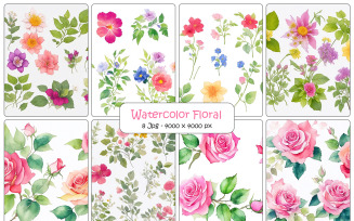 Watercolor floral leaves art design, pink flower branch background, floral botanical set