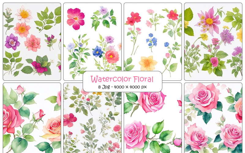 Watercolor floral leaves art design, pink flower branch background, floral botanical set Background