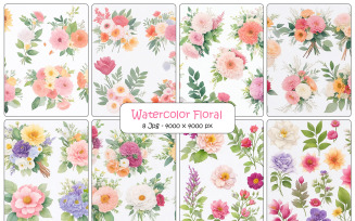 Watercolor floral leaves design, pink flower branch background, floral botanical set
