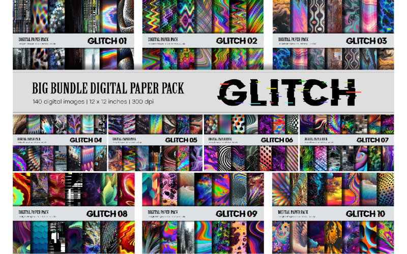 Big Bundle Glitch Psychedelic. Digital Paper Sets. Pattern
