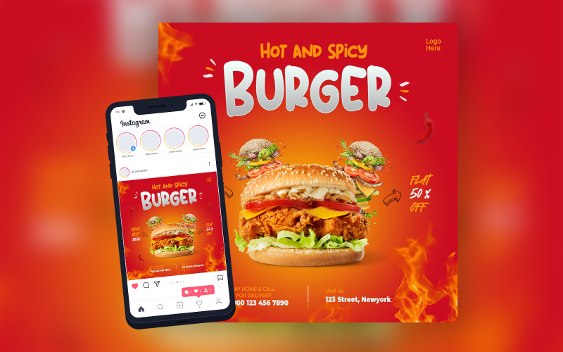 Spicy Burger Food Restaurant Social Media Post Template
