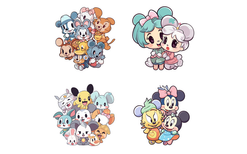 Sticker Cute Happy Cartoon Characters White Vector Illustration