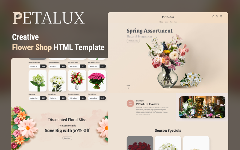 Blooming Beauty: Petalux - Your Exquisite Flower Shop eCommerce HTML Template Website Template