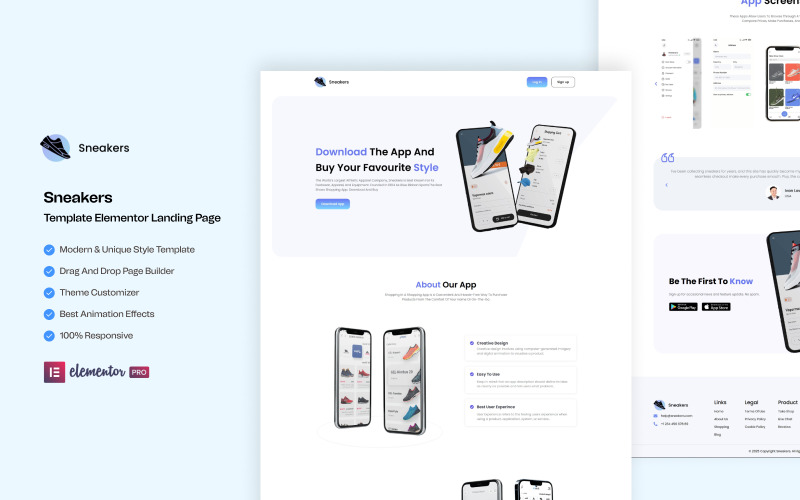 Sneakers App - App landing page Elementor Landing page Template Elementor Kit