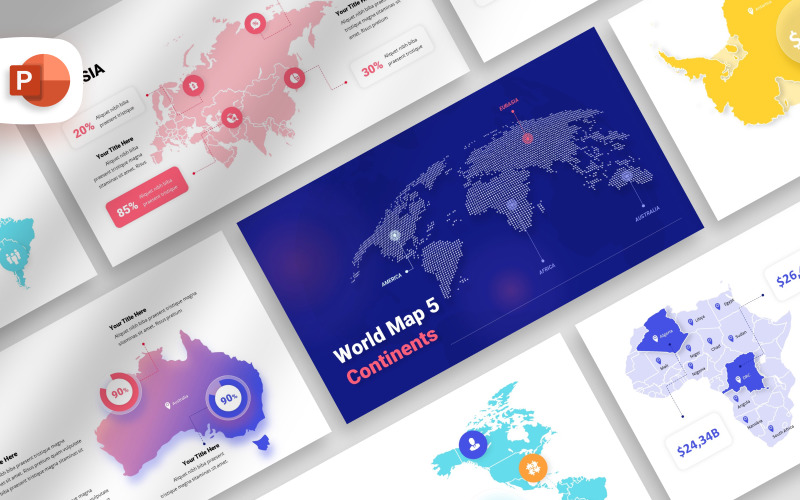 5 Continents World Map Presentation Template PowerPoint Template