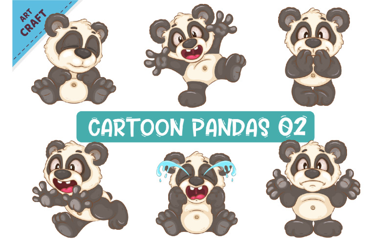 Set of Cartoon Pandas 02. Animal Art. Vector Graphic