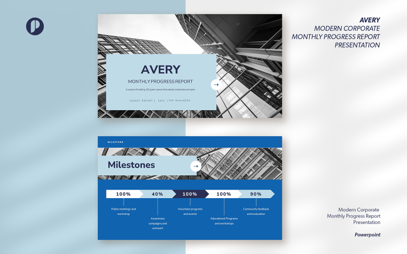 Avery – Modern Corporate Monthly Progress Report Presentation PowerPoint Template