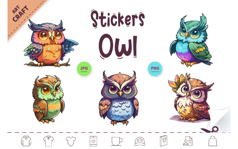 Stickers Colorful Owl. Clipart. FREE. Illustration