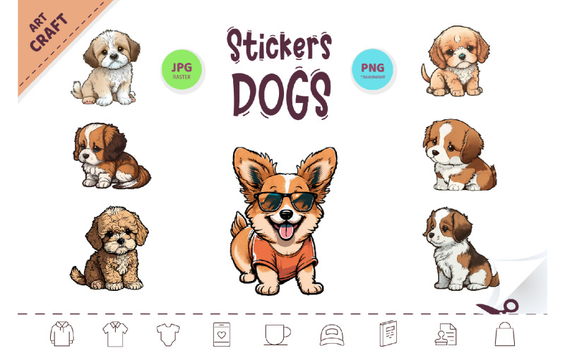 Stickers Cute Dogs. Clipart. FREE. Illustration