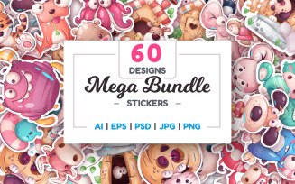 Bundle 60 Stickers, Kids Cartoon Characters