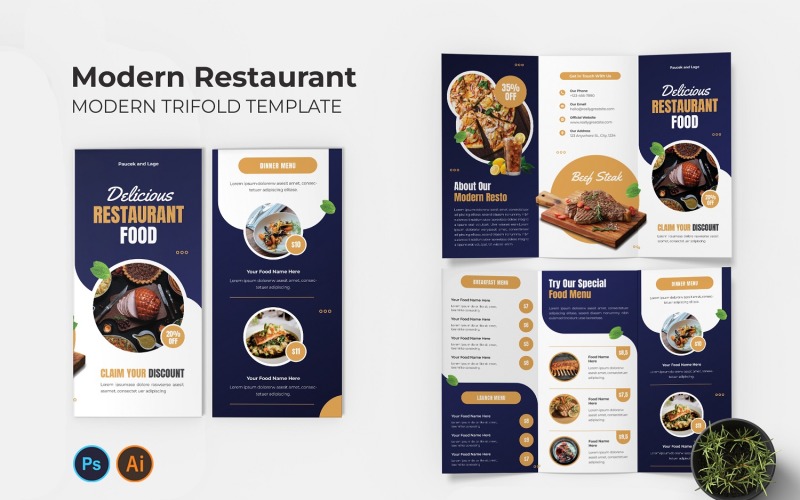 Modern Restaurant Trifold Brochure Corporate Identity