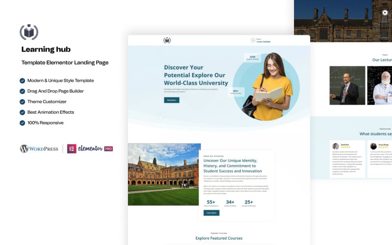 Learning Hub – College and University Education WordPress Elementor Landing Page Elementor Kit
