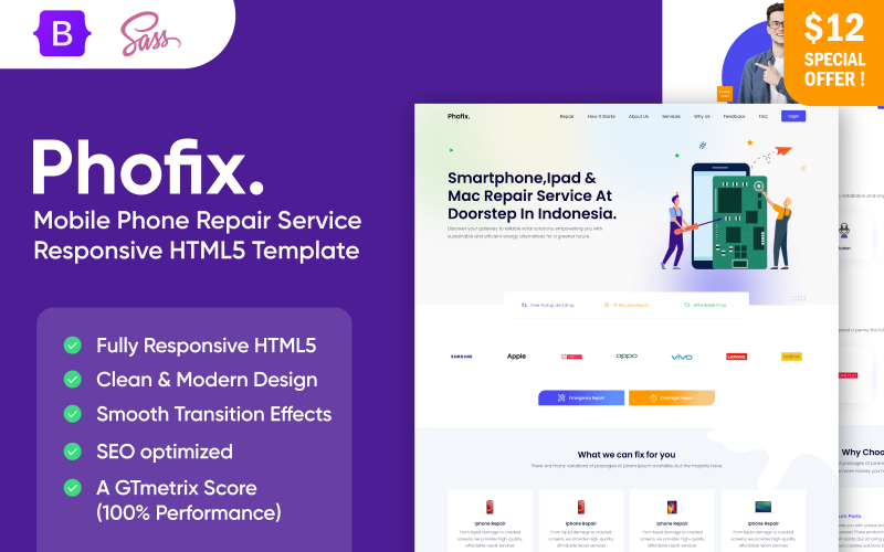 Phofix - Mobile Phone Repair Service Responsive HTML5 Template Landing Page Template