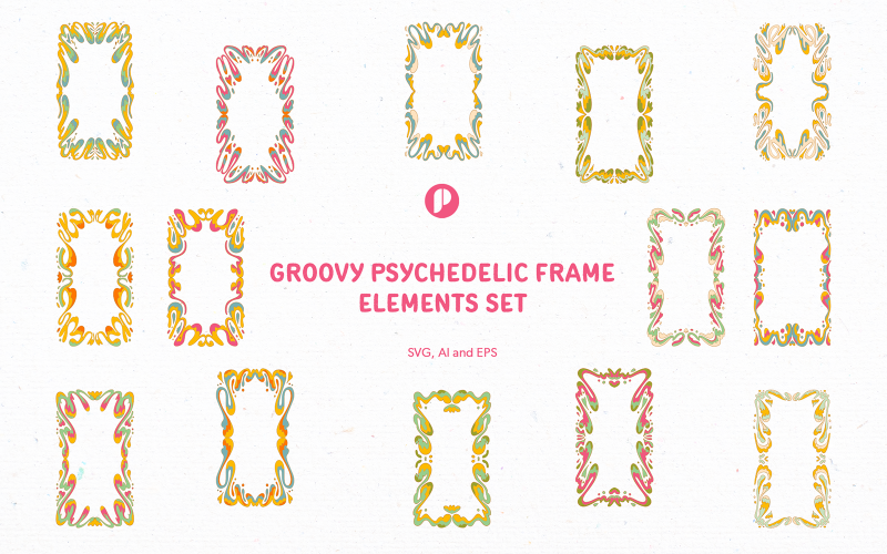 Fun Groovy Psychedelic Frame Elements Set Illustration