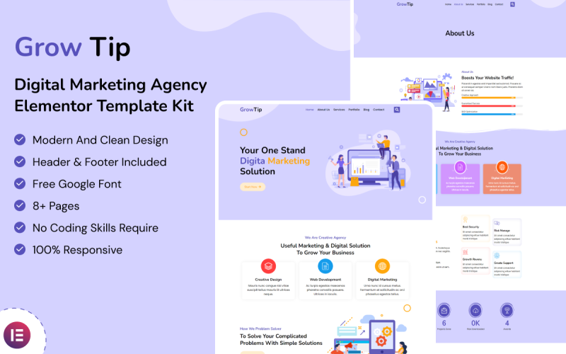 Grow Tip - Digital Marketing Agency Elementor Template Kit Elementor Kit