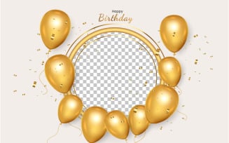 Birthday frame with Realistic golden balloon set with golden confitty