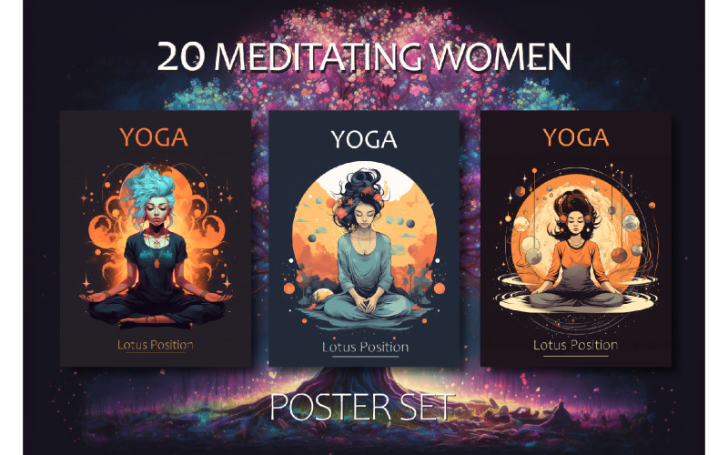 20 meditating women. Poster set. Yoga. Illustration