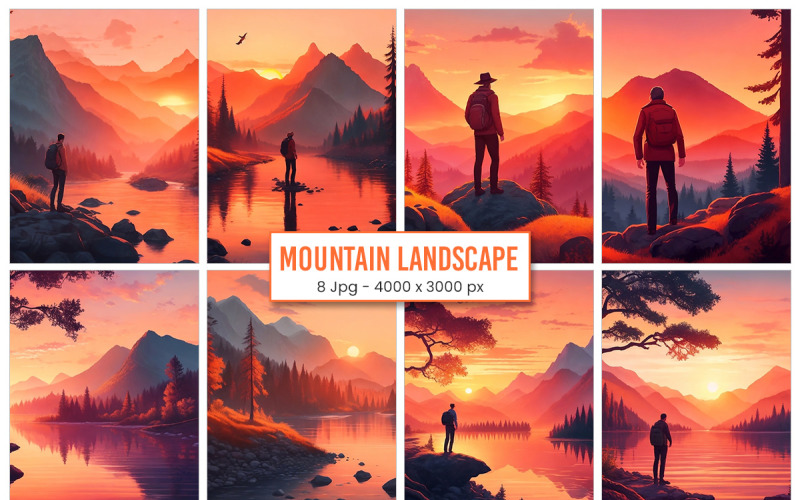Mountain sunset landscape with river Background