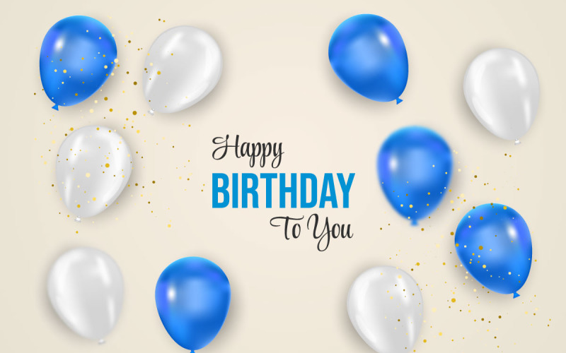 Birthday balloons banner design Happy birthday greeting text elegant blue and white balloon Illustration
