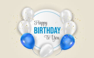 Birthday balloons banner design Happy birthday greeting text with blue and white balloon concept