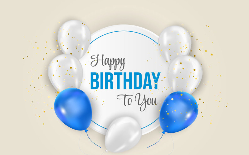 Birthday balloons banner design Happy birthday greeting text with blue and white balloon concept Illustration