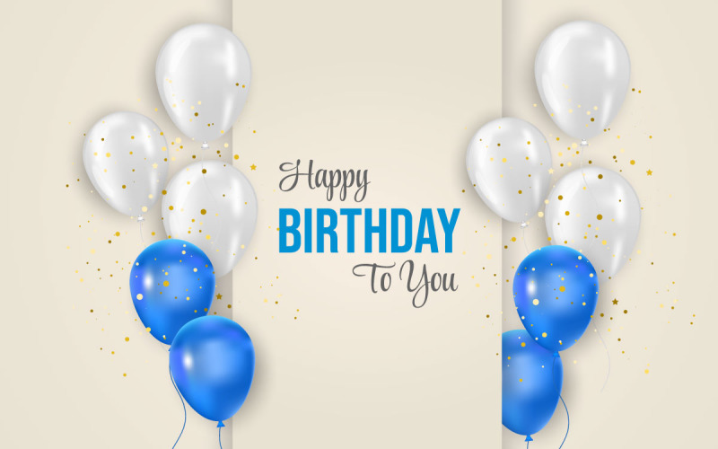 Birthday balloons banner Happy birthday greeting text with elegant blue and white balloon Illustration