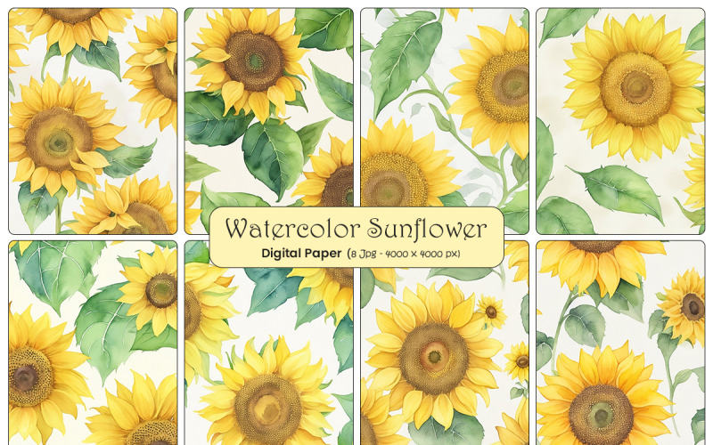 Sunflowers seamless pattern background, Watercolor Sunflower Digital Papers Background