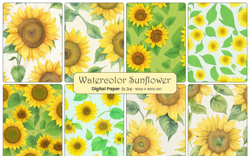 Sunflowers seamless pattern watercolor background, Watercolor Sunflower Digital Papers Background