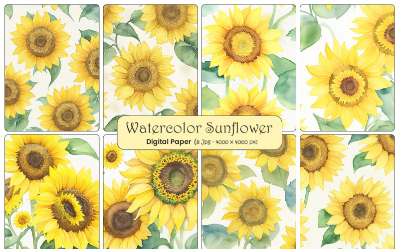 Watercolor sunflower and leaves seamless pattern Background