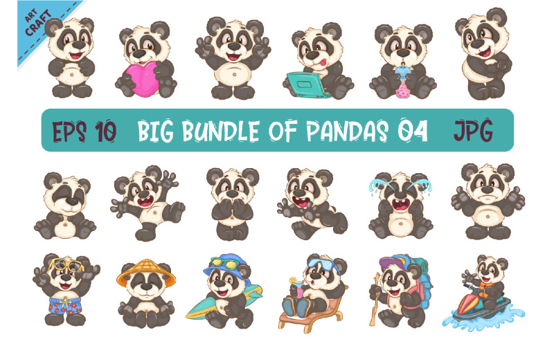 Big Bundle of Cartoon Pandas 04. Animal Art. Vector Graphic