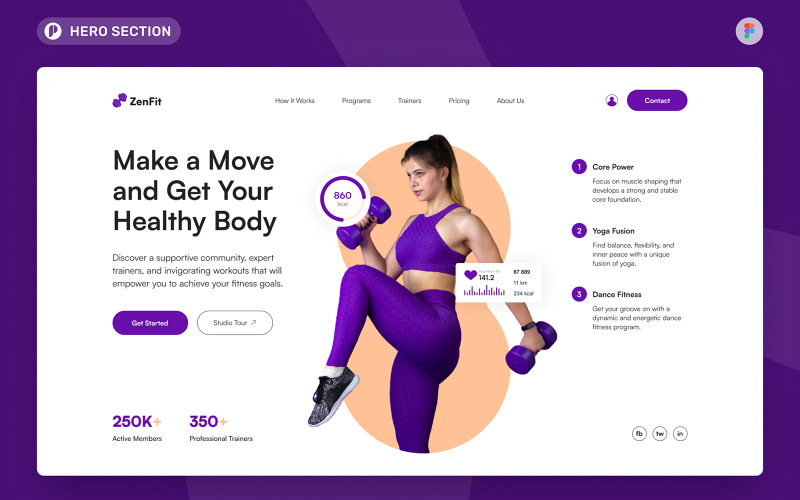 ZenFit – Dynamic Purple Modern Fitness Studio Hero Section UI Element
