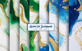 Colorful blue and green alcohol ink gold marble texture background