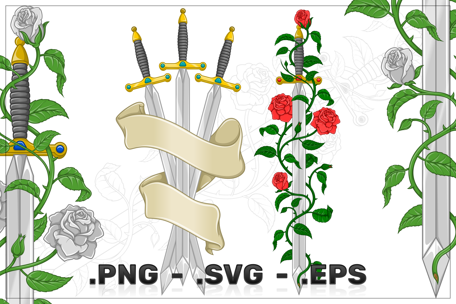 Vector Design of Sword Surrounded by Roses