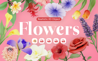 Flowy - Various Flowers 3D Icon Set (Rose Calendula Tulips Lavender and Others)