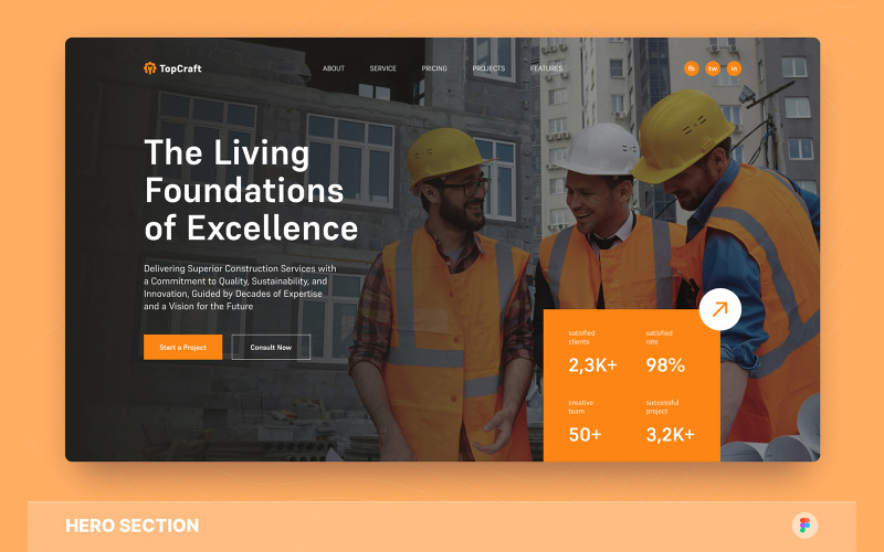 TopCraft - Construction Company Hero Section Figma Template UI Element