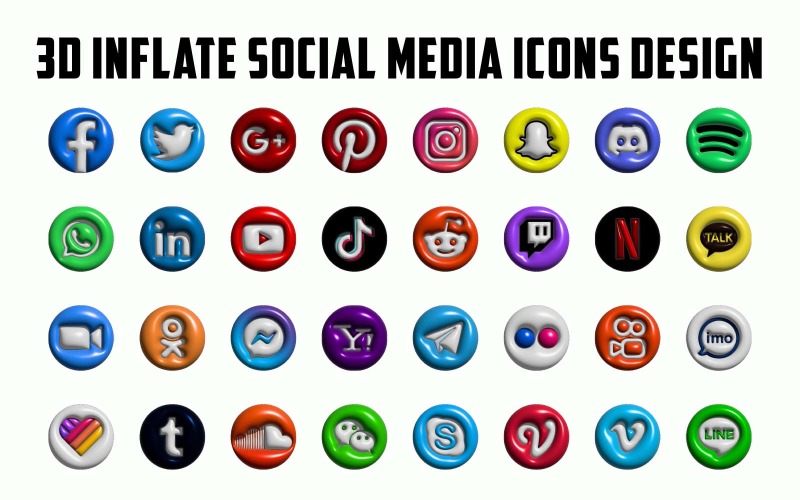 Professional 3D Inflate Social Media icons, Pack Websites Icons, clean template Icon Set