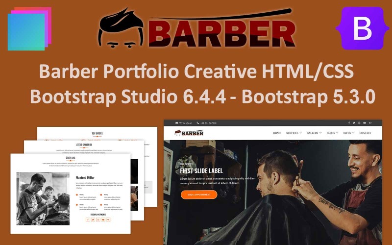 Barber Portfolio Creative HTML/CSS - Incl. Bootstrap Studio v6.4.4 - Bootstrap v5x Website Template