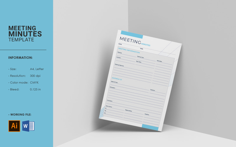 Meeting Minutes Printable Template. Adobe Illustrator and Ms Word Corporate Identity